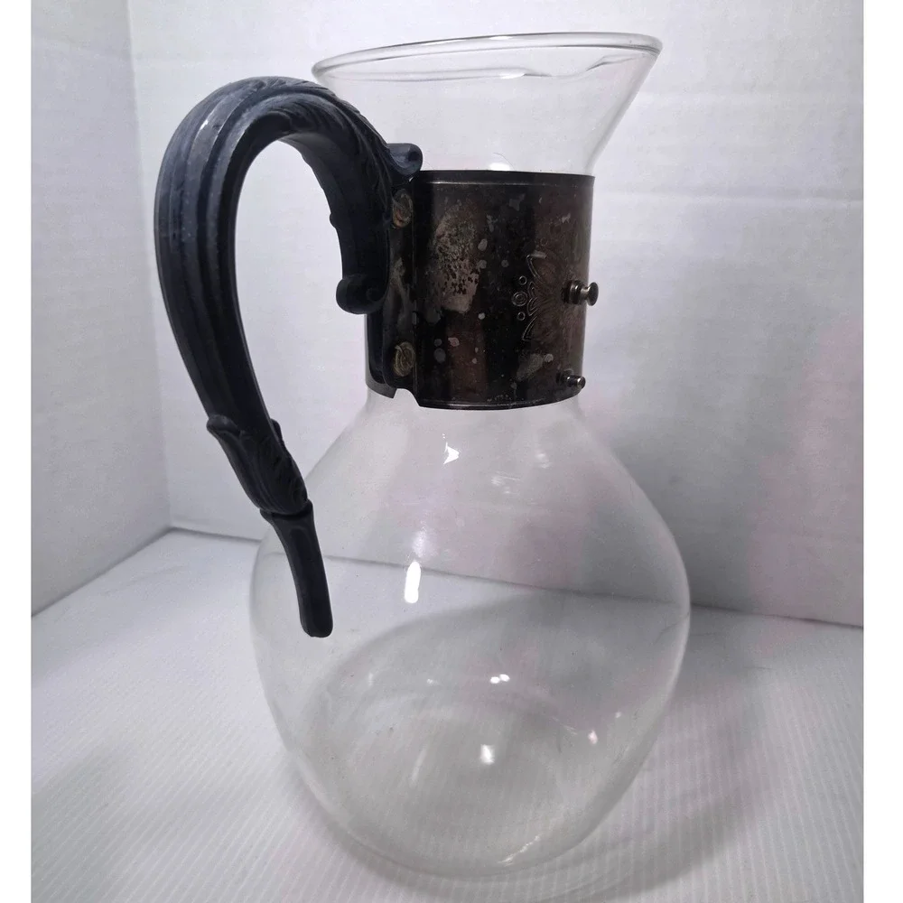 Vintage Glass Carafe Silver Plated Collar Black Plastic Handle Floral Motif